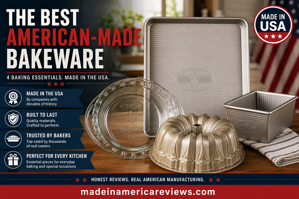 American-made bakeware: USA Pan half sheet and loaf pan, Anchor Hocking glass pie plate, and the Nordic Ware Silver Anniversary Bundt pan